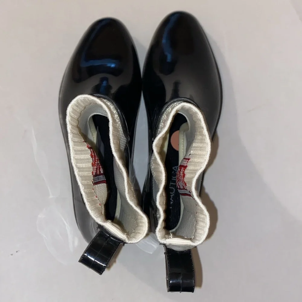 Nautica Women’s Black Rain Boots with Red White & Blue Logo on each Boot Size 7